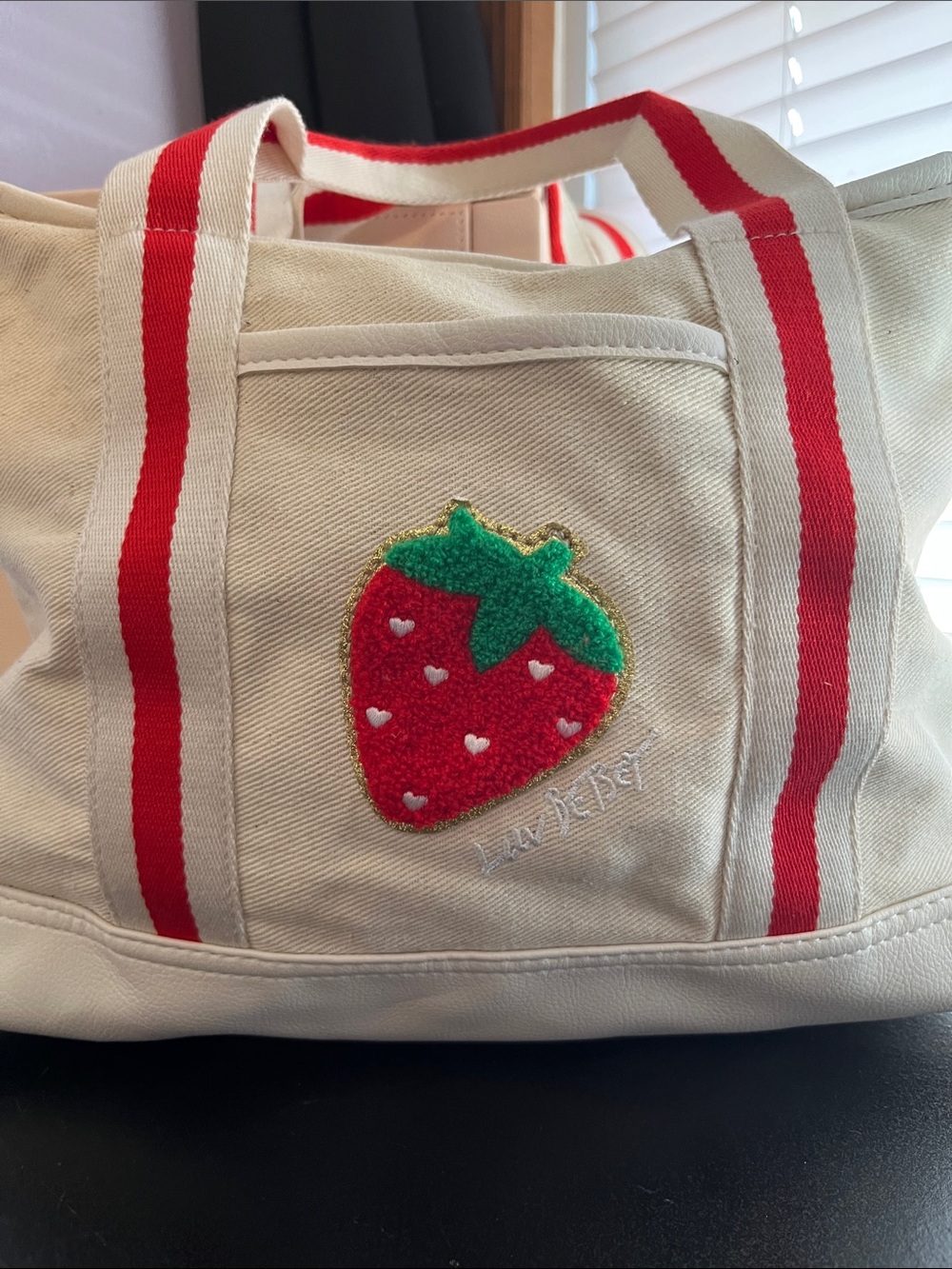 Betsey Johnson Cream Canvas Tote with Red Stripe Handles and Strawberry Patch